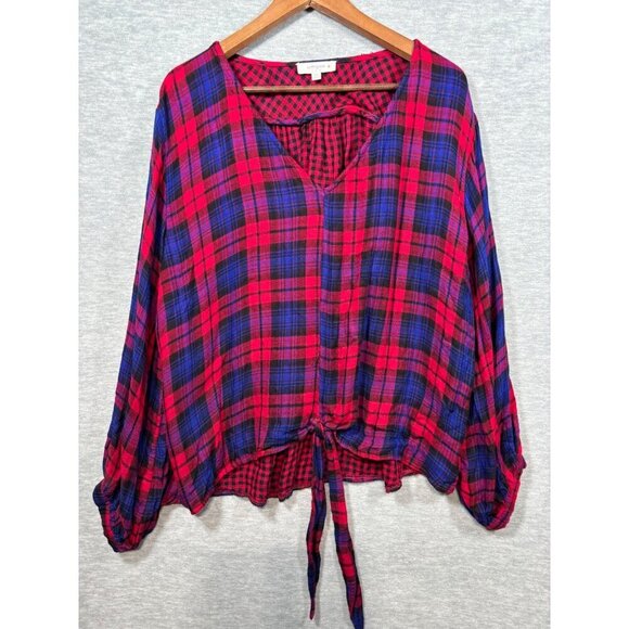 Umgee Womens Red Blue Plaid V-Neck Tie Front Blouse Size 2XL - Picture 1 of 5